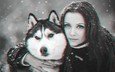 снег, девушка, портрет, взгляд, собака, волосы, лицо, хаски, сибирский хаски