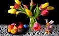 цветы, фон, тюльпаны, кролик, пасха, салфетка