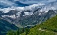 дорога, трава, облака, деревья, горы, скалы, склон, швейцария, ущелье, долина, альпы