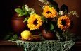 цветы, фрукты, лимон, букет, подсолнухи, салфетка, натюрморт