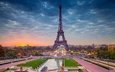 рассвет, панорама, париж, франция, эйфелева башня