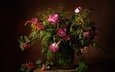 цветы, ветки, розы, букет, ягоды, ваза, столик, натюрморт, калина