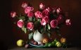 цветы, розы, фрукты, букет, яблоко, ваза, персик, натюрморт, слива