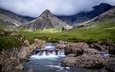 трава, облака, горы, камни, ручей, туман, водопад, шотландия, fairy pools