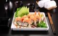 зелень, фон, рыба, палочки, соус, суши, роллы, морепродукты, японская кухня, огурец, сервировка
