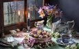 цветы, букет, окно, чай, свеча, яблоня, сладкое, торт, десерт