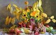 цветы, листья, виноград, фрукты, яблоки, букет, кукуруза, натюрморт, календула, редис