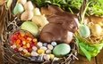 конфеты, корзина, кролик, пасха, яйца, шоколад