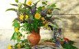 цветы, лето, букет, одуванчики, ваза, люпин