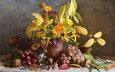цветы, листья, виноград, осень, грибы, букет, натюрморт, календула, редис