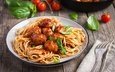 зелень, мясо, помидоры, спагетти, базилик, паста