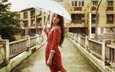девушка, брюнетка, мост, дождь, зонт, азиатка