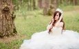 лес, девушка, настроение, взгляд, азиатка, белое платье, невеста
