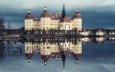 отражение, замок, архитектура, германия, морицбург, охотничий замок