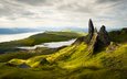 озеро, склон, гора, шотландия, old man of storr