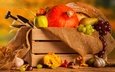 виноград, фрукты, осень, яблоко, урожай, овощи, тыква, ящик, груша, чеснок, мешковина, осенний урожай