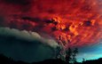 деревья, дым, извержение, вулкан, пепел, чили, красное небо, вулкан пуйеуэ