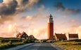 дорога, маяк, дома, дом, нидерланды, голландия, влиланд, texel