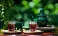 зелень, напиток, стол, чай, стаканы, чайник