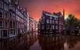 небо, вода, вечер, отражения, канал, дома, окна, нидерланды, амстердам