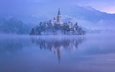 вечер, озеро, горы, восход, снег, утро, туман, башня, остров, словения, бледское озеро, aleš krivec, зима. отражение