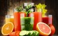 зелень, апельсин, овощи, стаканы, морковь, помидор, цитрусы, сок, огурец, смузи