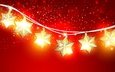 звезды, праздник, рождество, гирлянда, красный фон