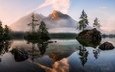 деревья, озеро, горы, восход, природа, отражение, пейзаж, туман, альпы, daniel fleischhacker