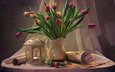 цветы, ноты, фонарь, ткань, тюльпаны, листы, свеча, кувшин, столик, натюрморт, занавеска, рулоны