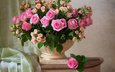 цветы, розы, ткань, букет, ваза, тумбочка