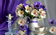 цветы, свечи, блюдце, букет, чашка, чай, кувшин, занавеска, альстромерия, анемоны