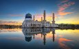 отражение, утро, мечеть, малайзия, кота-кинабалу, likas бэй, города кота-кинабалу мечеть