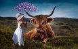 природа, фон, платье, девочка, ребенок, рога, зонтик, корова, шляпка