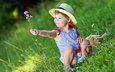 трава, природа, цветок, лето, девочка, ребенок, шляпка, туника, малышка