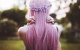 цветы, девушка, спина, розовые волосы