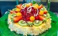 фрукты, клубника, ягоды, киви, украшение, торт, десерт, желе