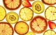 макро, фрукты, клубника, лимон, ягоды, апельсин, дольки, киви, цитрусы