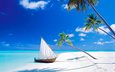 море, песок, пляж, лодка, пальмы, остров, тропики, мальдивы