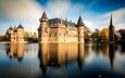 озеро, отражение, замок, башня, пруд, нидерланды, замок де хаар, de haar castle