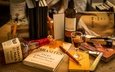 ручка, бутылки, нож, книга, перо, натюрморт, виски, рюмка