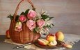 цветы, розы, фрукты, яблоки, корзина, нож, тарелка, альстромерия