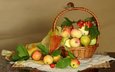 фрукты, яблоки, ткань, корзина, ягоды, платок