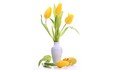 цветы, букет, тюльпаны, белый фон, ваза, пасха, яйца, крашенки