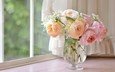 цветы, розы, букет, окно, ваза, подоконник