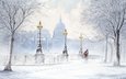 арт, фонари, снег, зима, люди, город, набережная, пара, живопись, jeff rowland, джефф роланд
