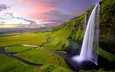 река, скалы, природа, зелень, водопад, исландия, селйяландсфосс, водопад сельяландсфосс