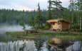 озеро, лес, отражение, норвегия, избушка