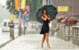 девушка, платье, улыбка, улица, дождь, зонт