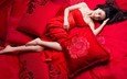 девушка, взгляд, волосы, лицо, актриса, кровать, макияж, азиатка, в красном, фань бинбин, постельное белье