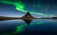 небо, ночь, озеро, пейзаж, звезды, гора, северное сияние, вулкан, исландия, фьорд, киркьюфетль